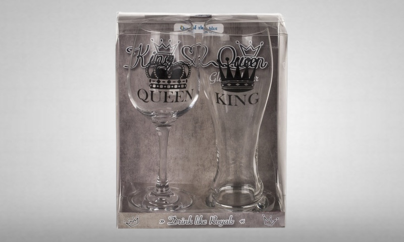 Bierglas en wijnglas set King en Queen verpakking